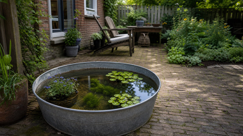 Minivijver met hoornblad, kikkerbeet en moerasvergeet-mij-nietje op een Nederlands terras