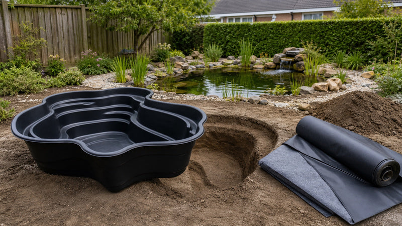 Voorgevormde PE-vijverbak naast EPDM-folie en beschermvlies tijdens de aanleg van een tuinvijver