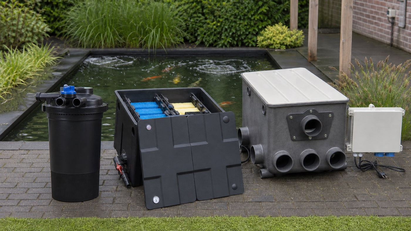 Drukfilter, doorstroomfilter en trommelfilter naast een Nederlandse koivijver