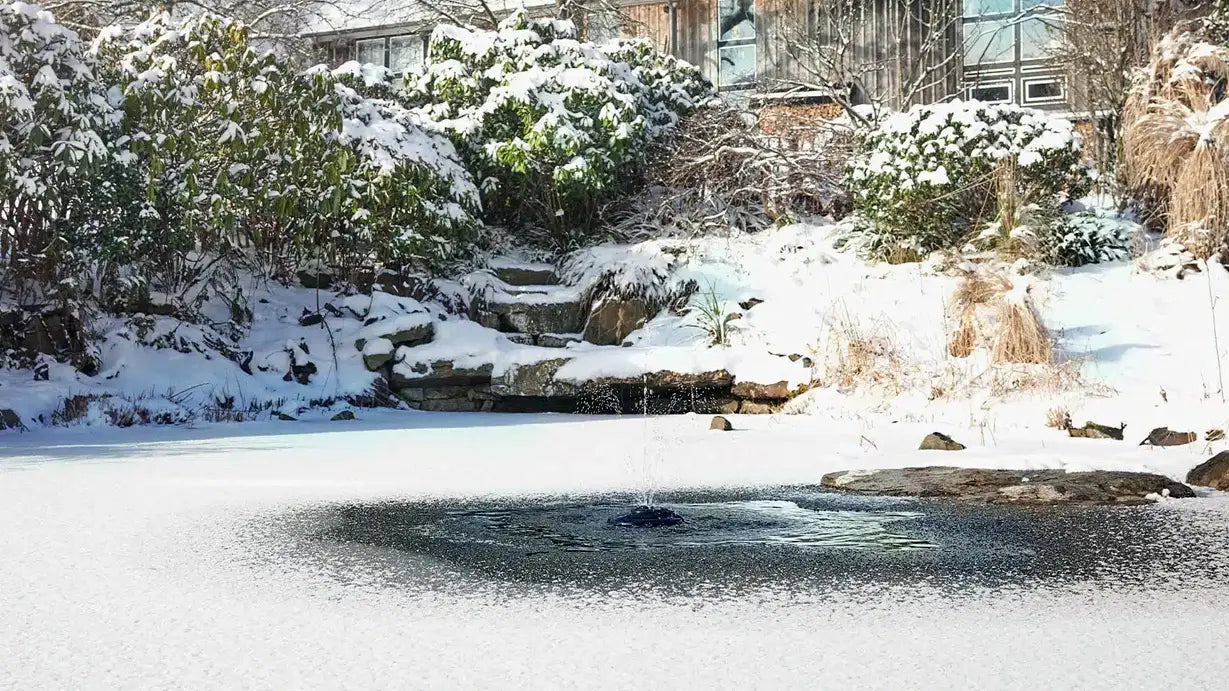 Vijver in de winter met een ijsvrijhouder die zorgt voor een open plek in het bevroren oppervlak.