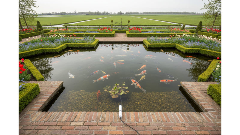 Waterkwaliteitsmeter bij een heldere koivijver.