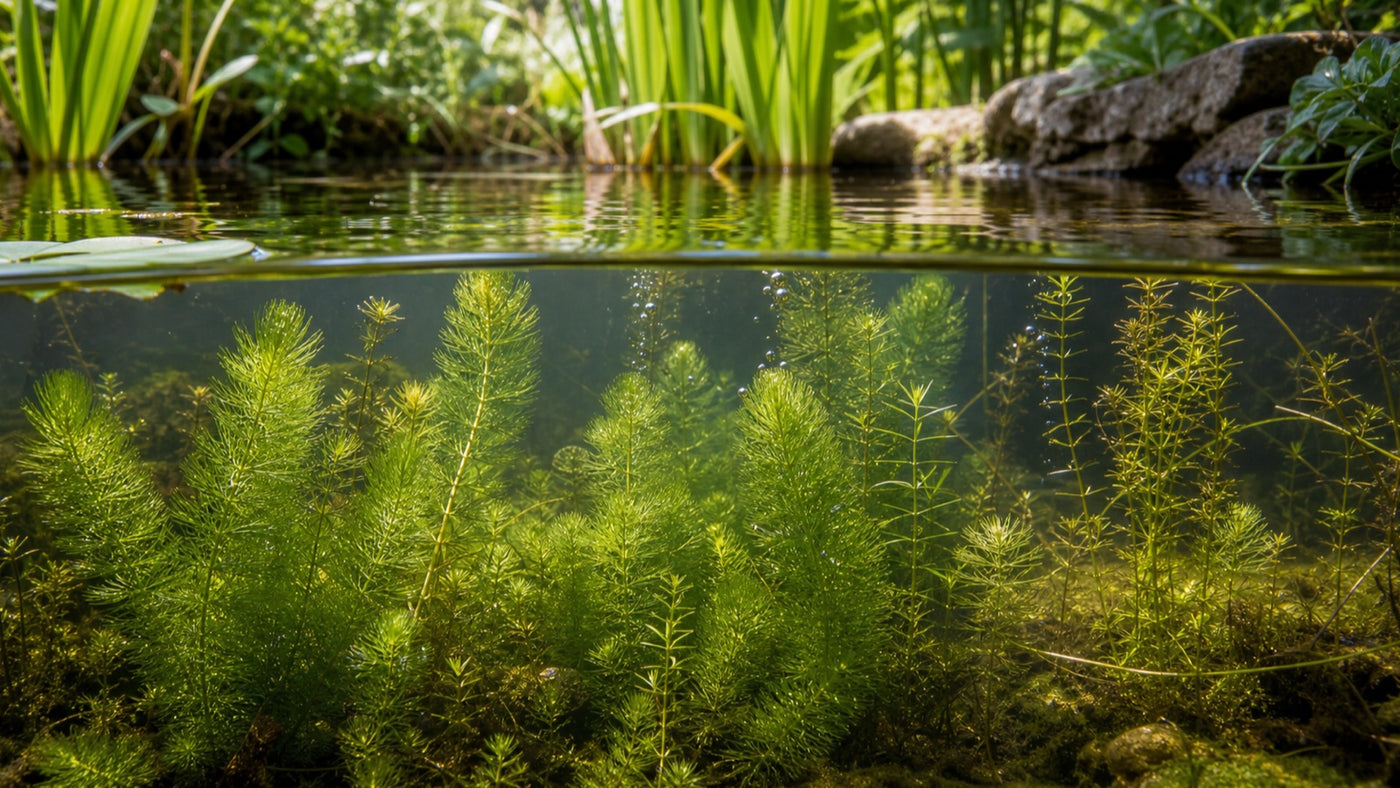 Zuurstofplanten groeien onder water in een heldere tuinvijver