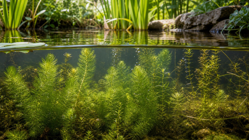 Zuurstofplanten groeien onder water in een heldere tuinvijver
