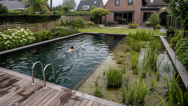 Nederlandse zwemvijver met diepe zwemzone en beplante regeneratiezone