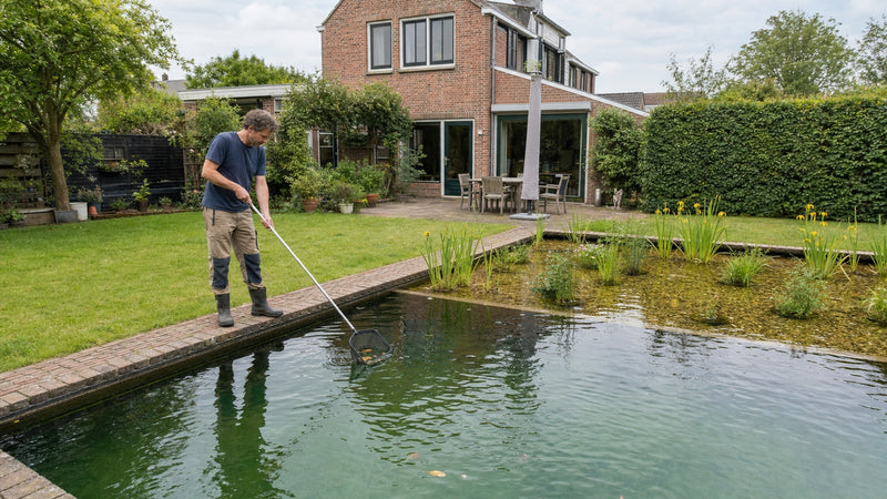 Zwemvijver onderhouden met een bladnet naast de plantenzone