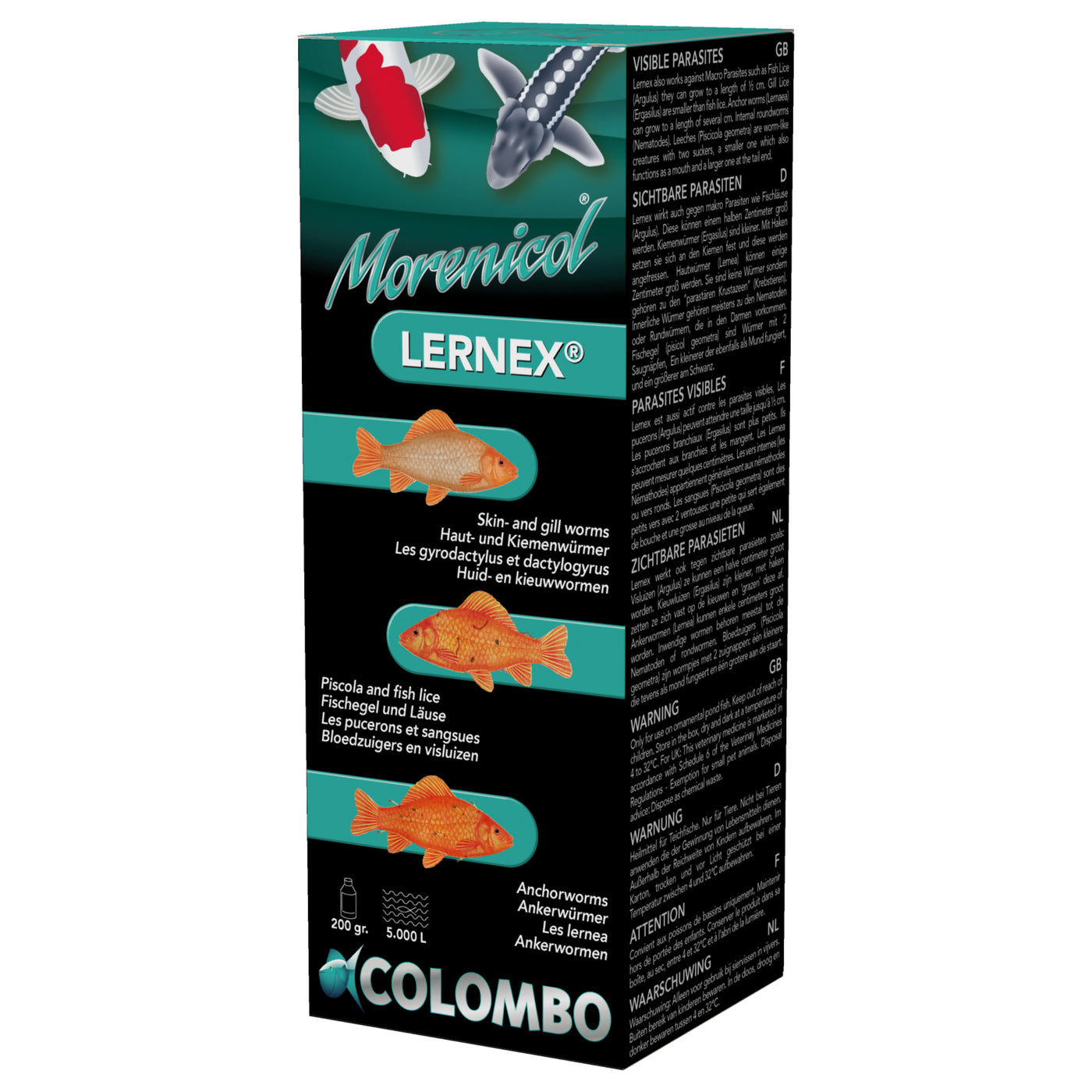 Colombo Morenicol Lernex 200 gram - 8715897025648 LERNEX ANTI FLUKES WORMS 200 GRAM 5.000L 3D