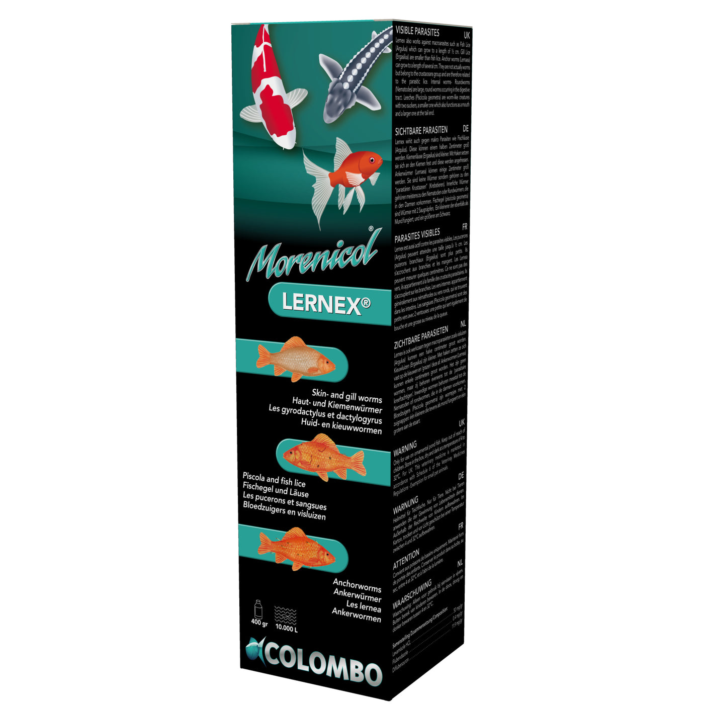 Colombo Morenicol Lernex 400 gram - tegen huid- en kieuwwormen - 8715897025655 LERNEX ANTI FLUKES WORMS 400 GRAM 10.000L 3D
