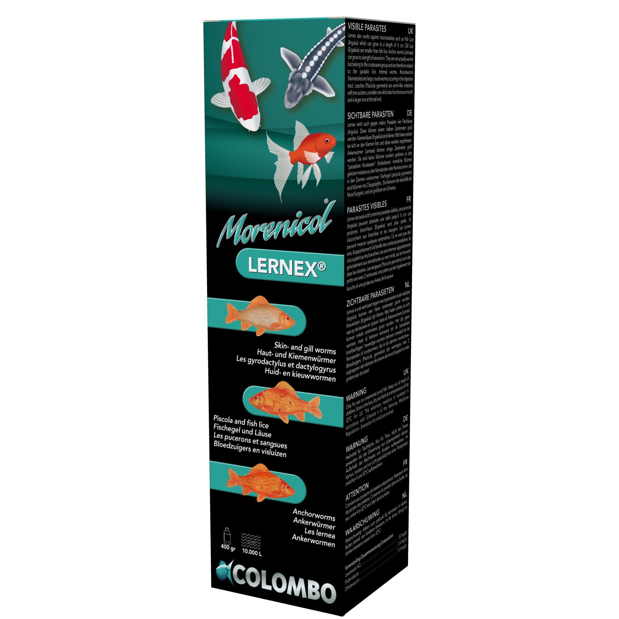 Colombo Morenicol Lernex 400 gram - tegen huid- en kieuwwormen - 8715897025655 LERNEX ANTI FLUKES WORMS 400 GRAM 10.000L 3D