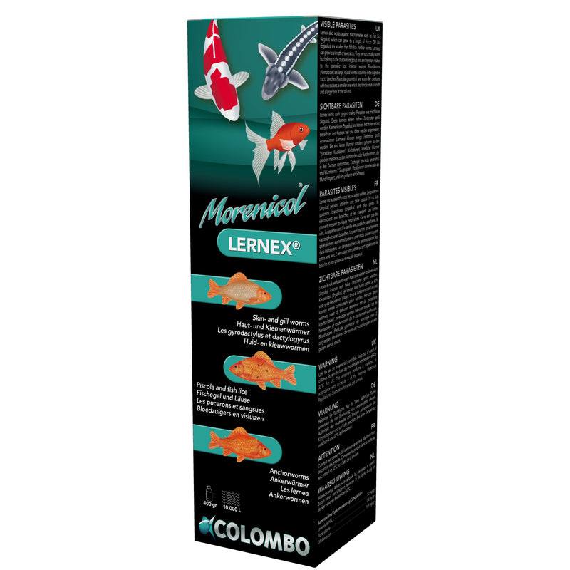 Colombo Morenicol Lernex 400 gram - tegen huid- en kieuwwormen - 8715897025655 LERNEX ANTI FLUKES WORMS 400 GRAM 10.000L 3D, detailaanzicht Vismedicijn