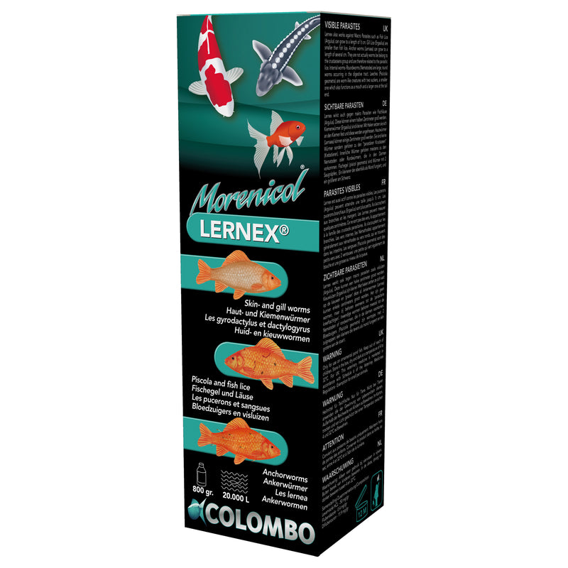 Colombo Morenicol Lernex 800 gram tegen huid- en kieuwwormen - 8715897025662 LERNEX ANTI FLUKES WORMS 800 GRAM 20.000L 3D, detailaanzicht Vismedicijn
