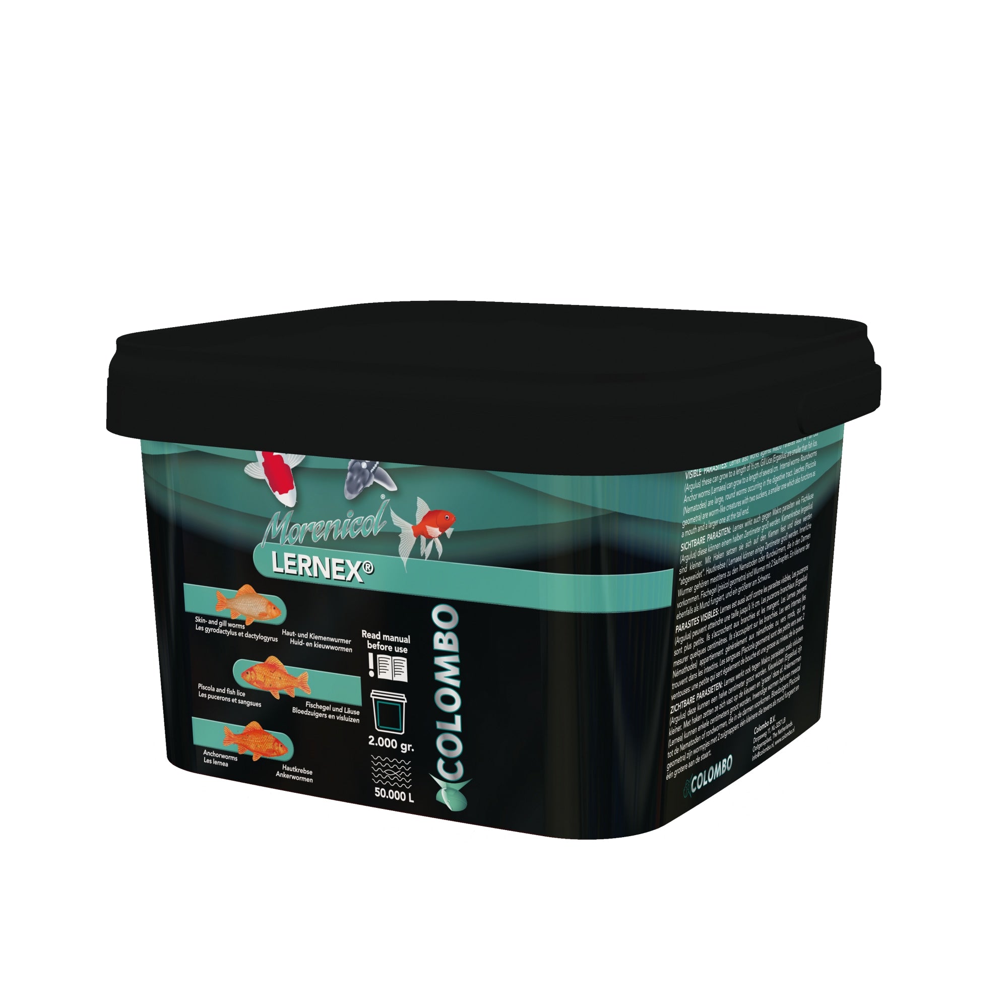 Colombo Morenicol Lernex 2.000 gram - tegen huid- en kieuwwormen bij vijvervissen - 8715897025679 LERNEX ANTI FLUKES WORMS 2000 GRAM 50.000L STORE USE ONLY 3D