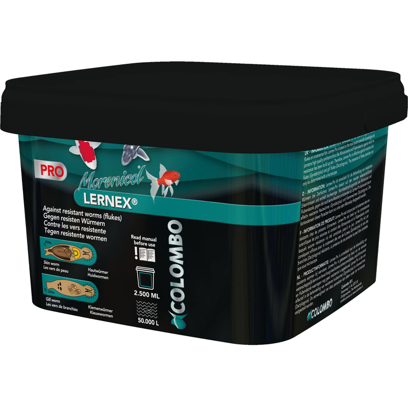 Colombo Morenicol Lernex Pro 2.500 ml - Vloeibaar middel tegen resistente huid- en kieuwwormen - 8715897166020 LERNEX PRO 2.500ML 50.000L STORE USE 3D, detailaanzicht Vismedicijn