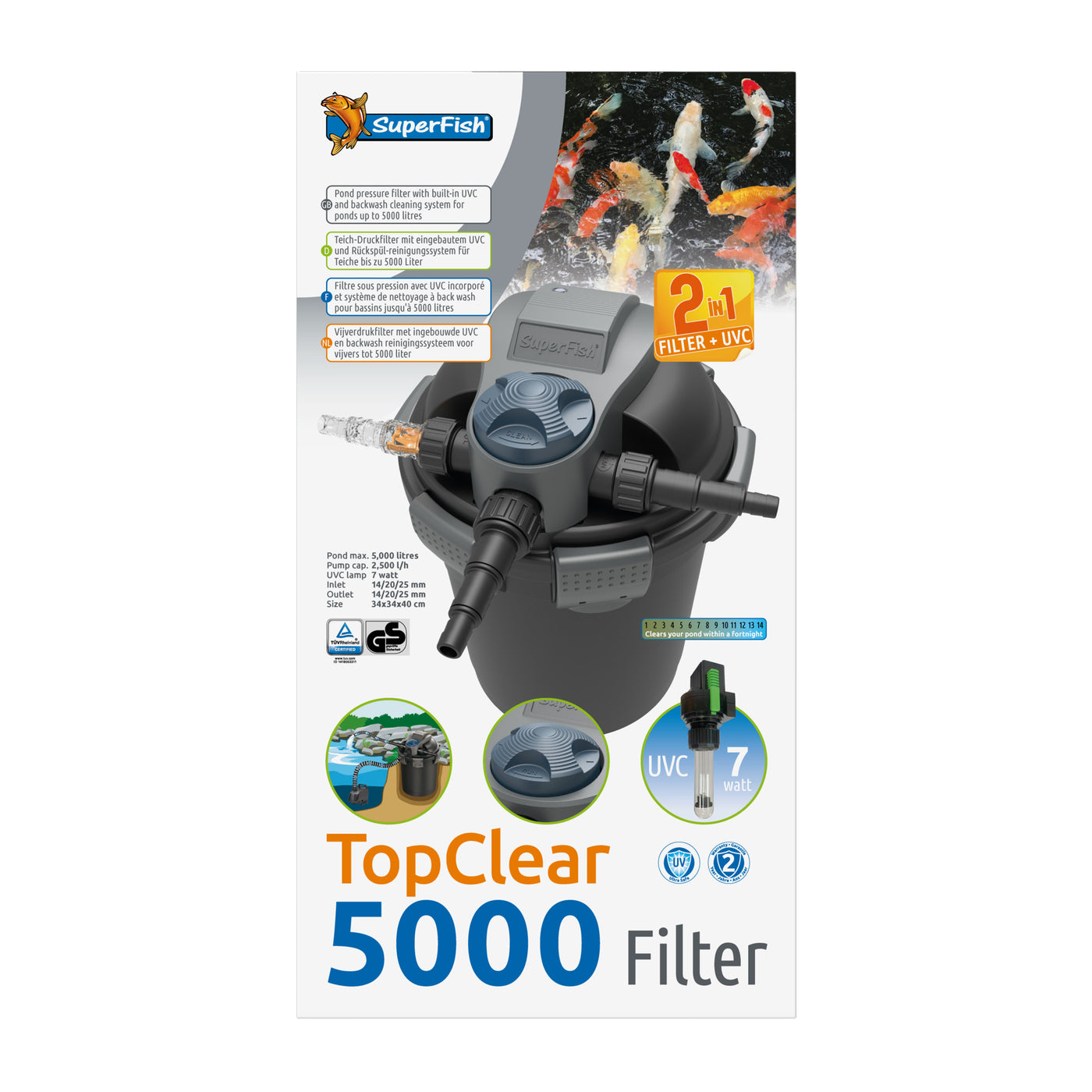 Superfish Topclear 5000 UVC-7W - doorstroomfilter met 7W UV-C voor vijvers tot 5.000 liter