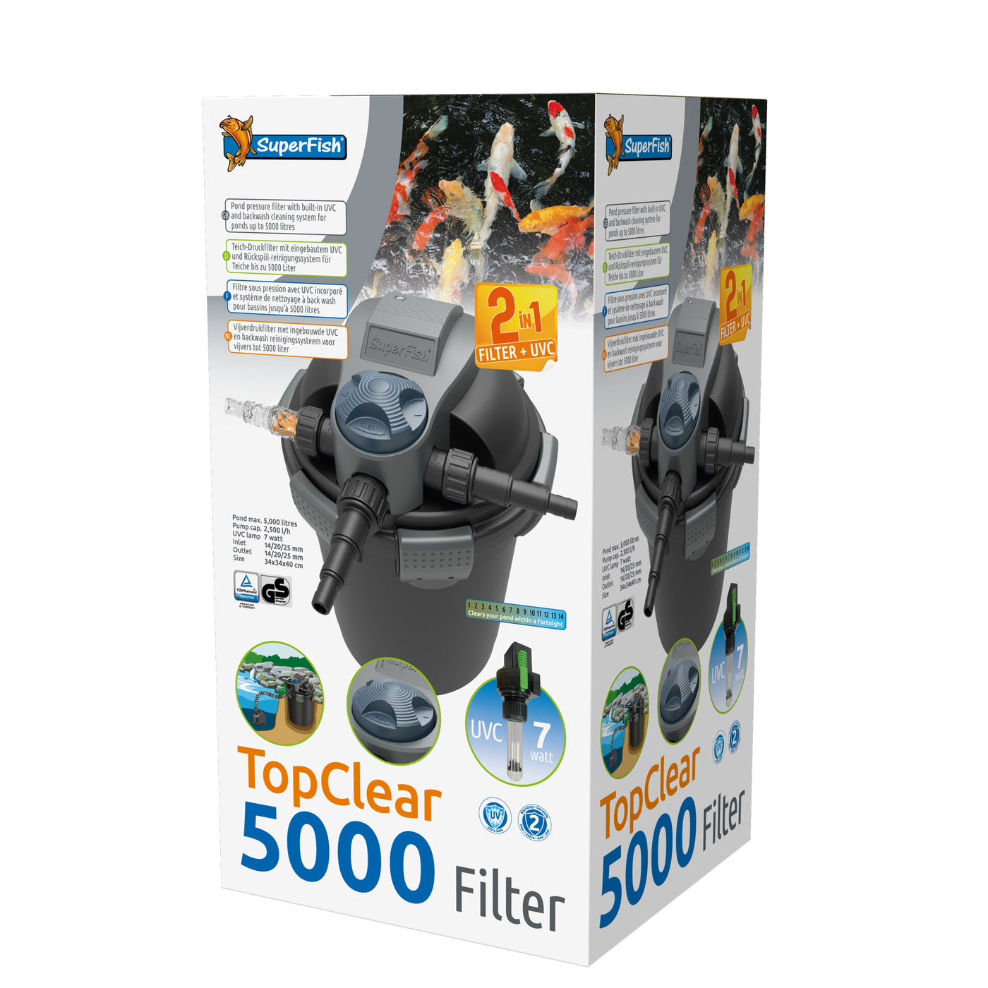 Superfish Topclear 5000 UVC-7W - doorstroomfilter met 7W UV-C voor vijvers tot 5.000 liter - 8715897195334 SF TOPCLEAR 5000 UVC 7W 3D