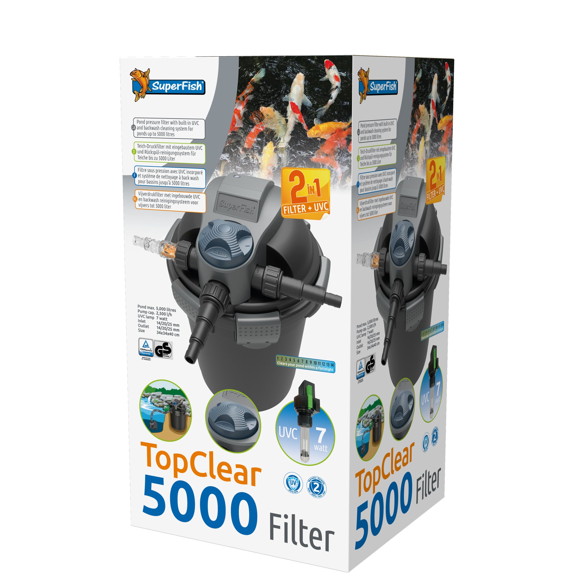 Superfish Topclear 5000 UVC-7W - doorstroomfilter met 7W UV-C voor vijvers tot 5.000 liter - 8715897195334 SF TOPCLEAR 5000 UVC 7W 3D