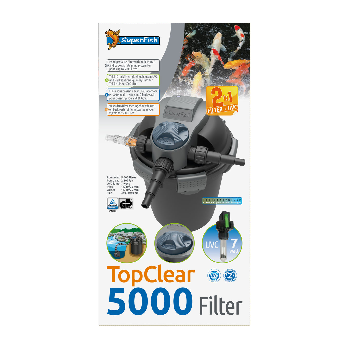 Superfish Topclear 5000 UVC-7W - doorstroomfilter met 7W UV-C voor vijvers tot 5.000 liter - 8715897195334 SF TOPCLEAR 5000 UVC 7W FRONT2