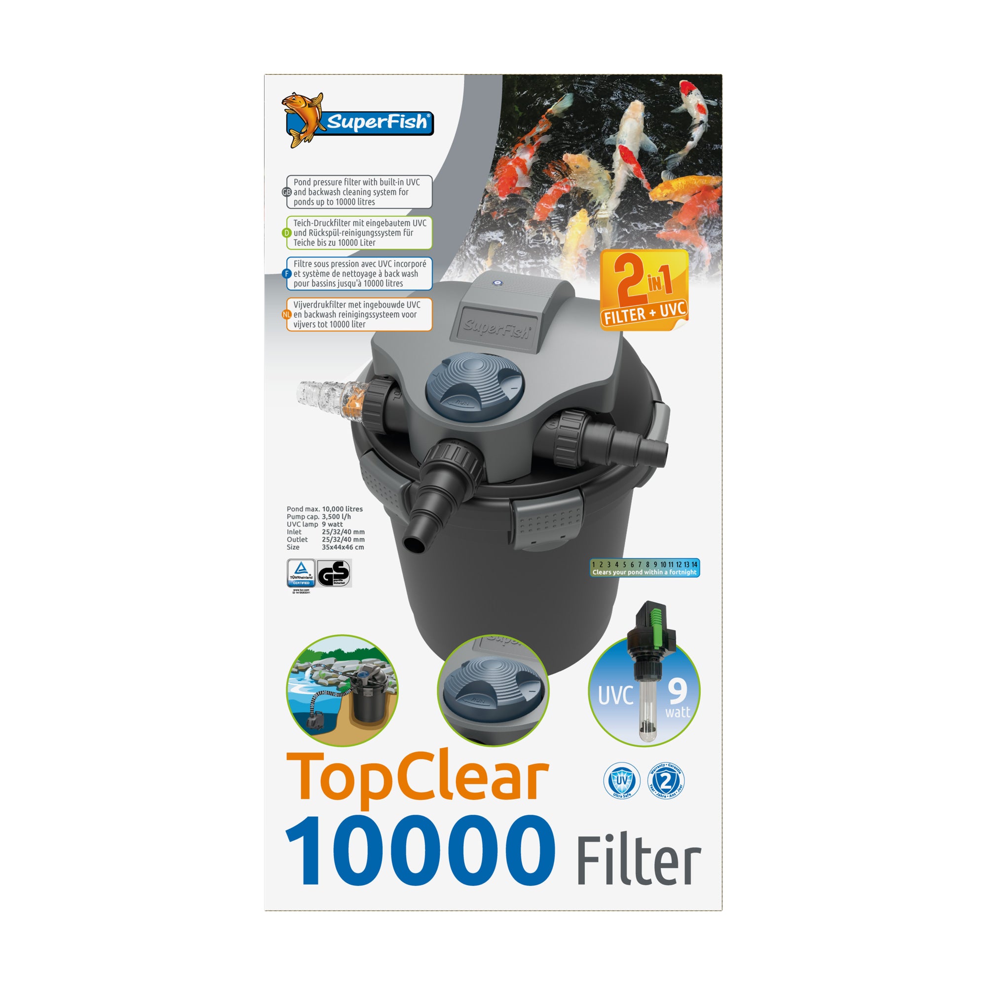 Superfish Topclear 10000 UVC-9W - drukfilter met ingebouwde UV-C voor vijvers tot 10.000 liter - 8715897195341 SF TOPCLEAR 10000 UVC 9W FRONT2