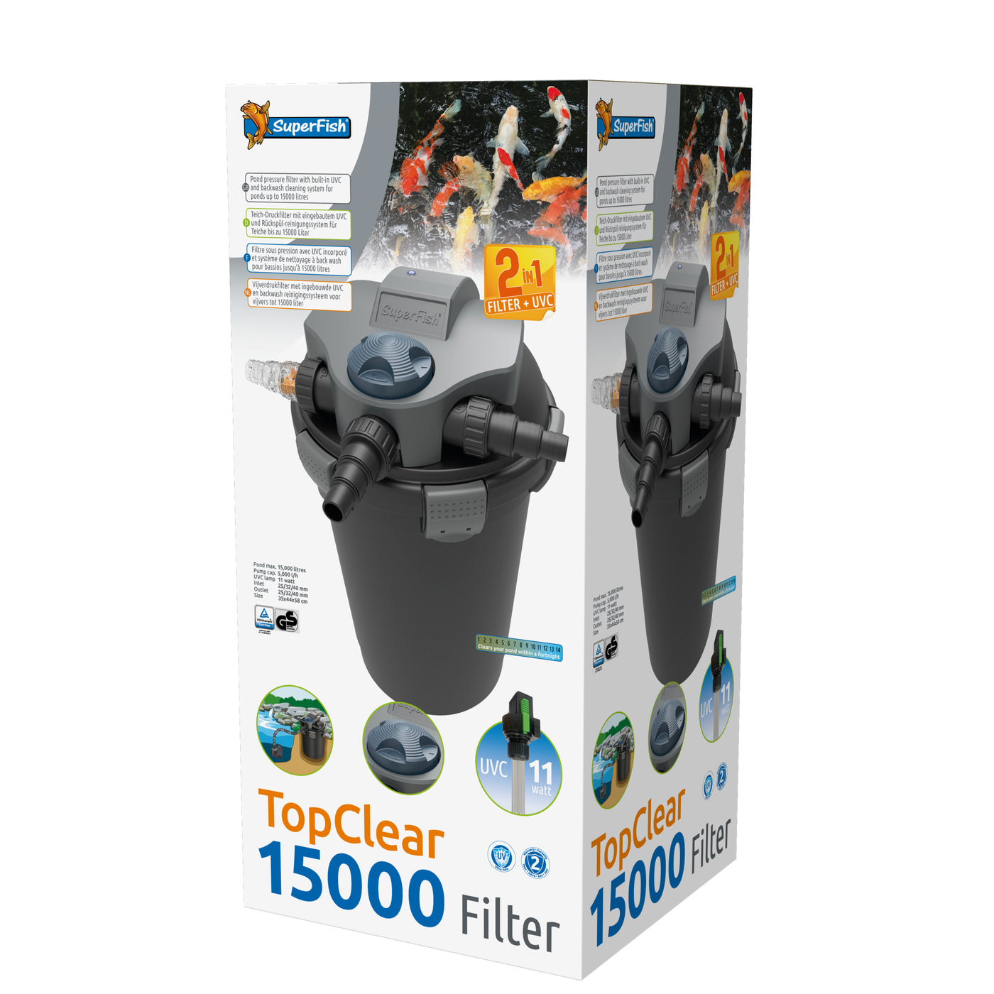 Superfish Topclear 15000 UVC-11W - Drukfilter met UV-C voor vijvers tot 15.000 liter - 8715897195358 SF TOPCLEAR 15000 UVC 11W 3D