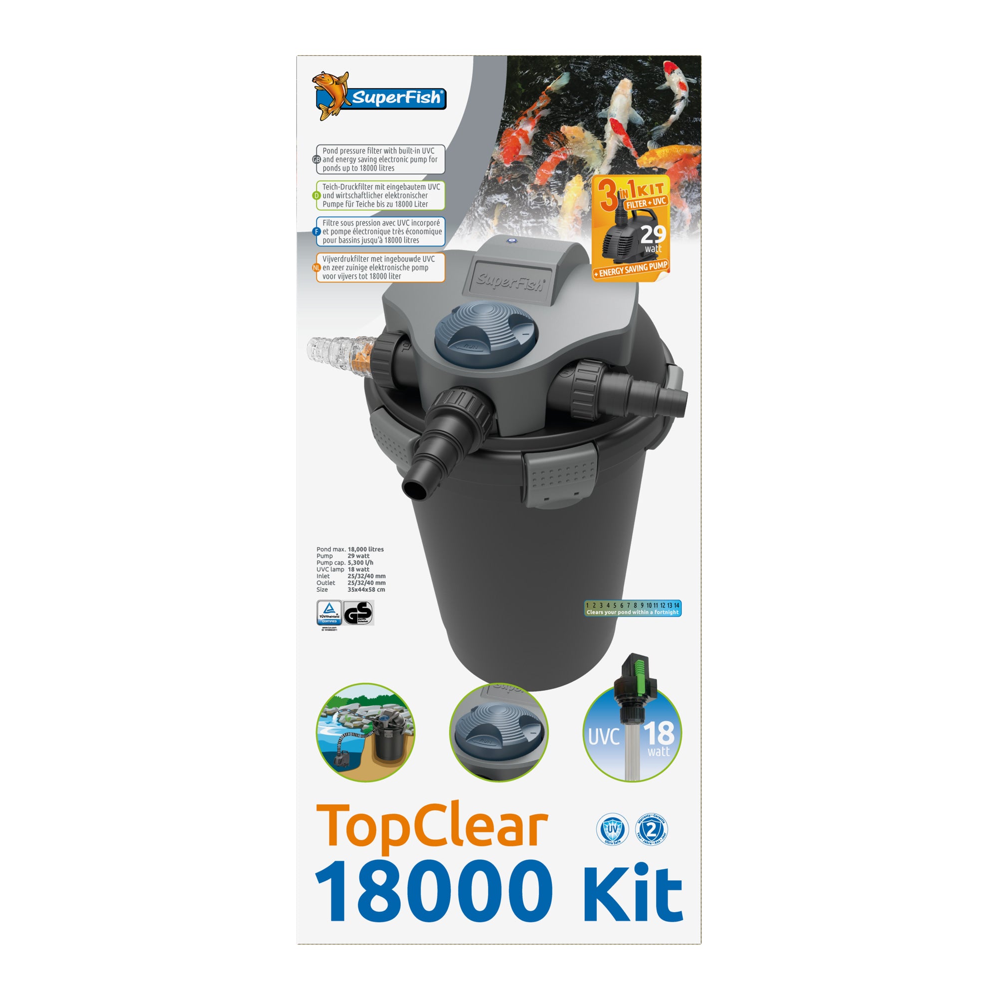 Superfish Topclear Kit 18000 drukfilter met pomp en UV-C - 8715897287824 SF TOPCLEAR KIT 18000 UVC 11W PUMP 5000L H FRONT2