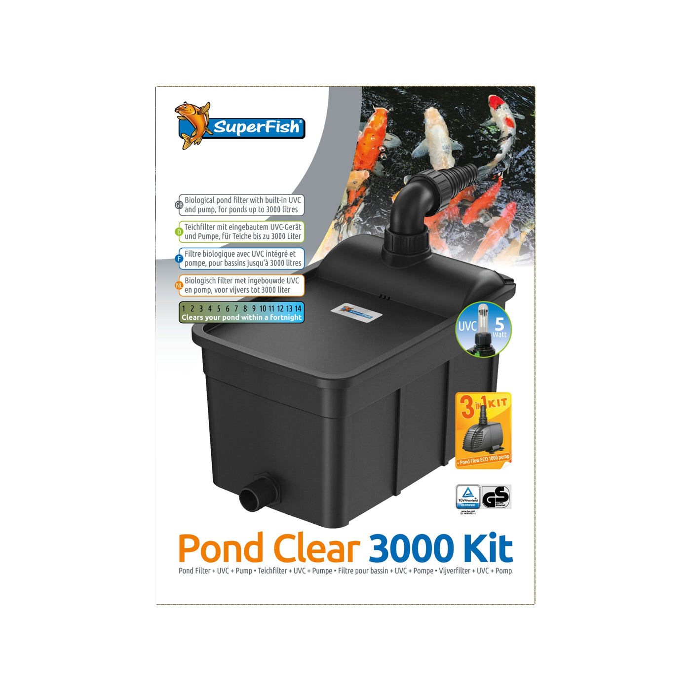 Superfish Pondclear Kit 3000 - Complete vijverfilter met pomp en UV-C 5W - 8715897275593 SF PONDCLEAR KIT 3000 UVC 5W POND FLOW 1000 FRONT2