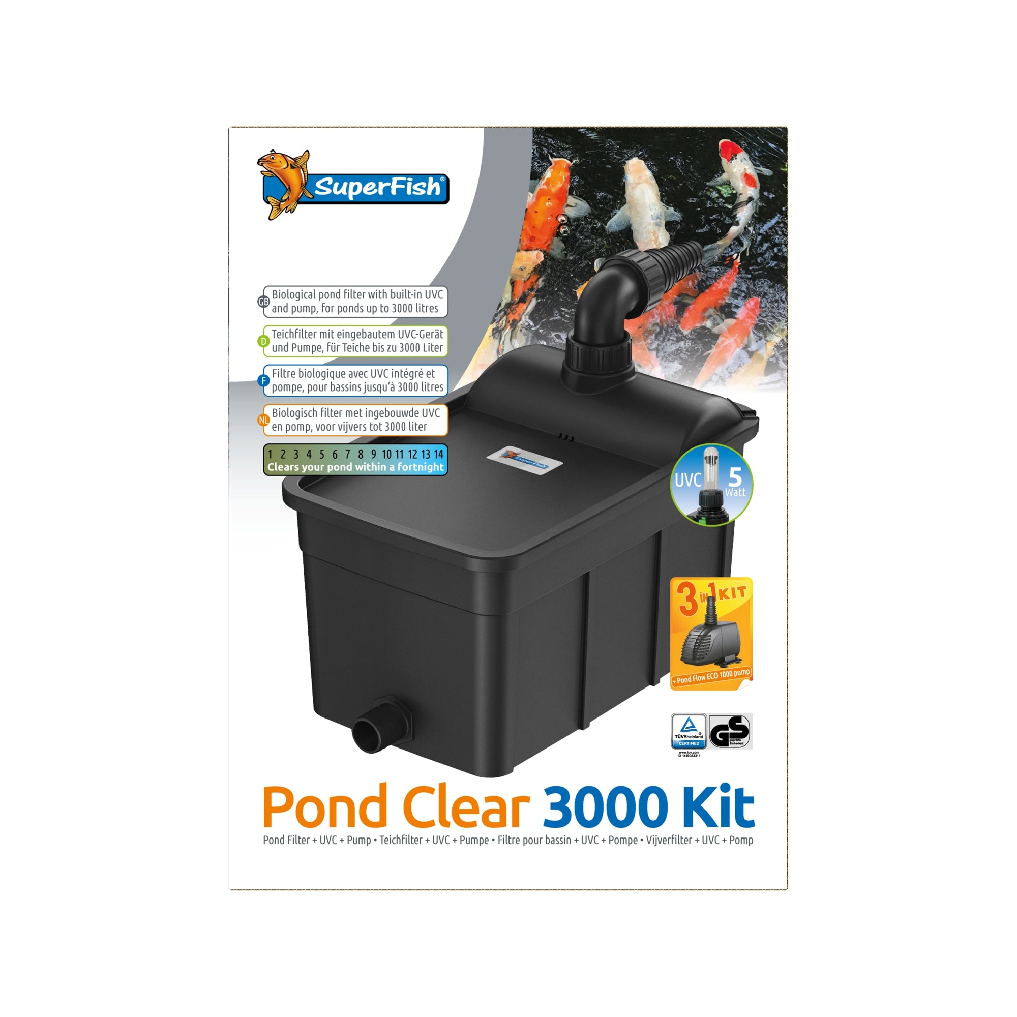Superfish Pondclear Kit 3000 - Complete vijverfilter met pomp en UV-C 5W - 8715897275593 SF PONDCLEAR KIT 3000 UVC 5W POND FLOW 1000 FRONT2