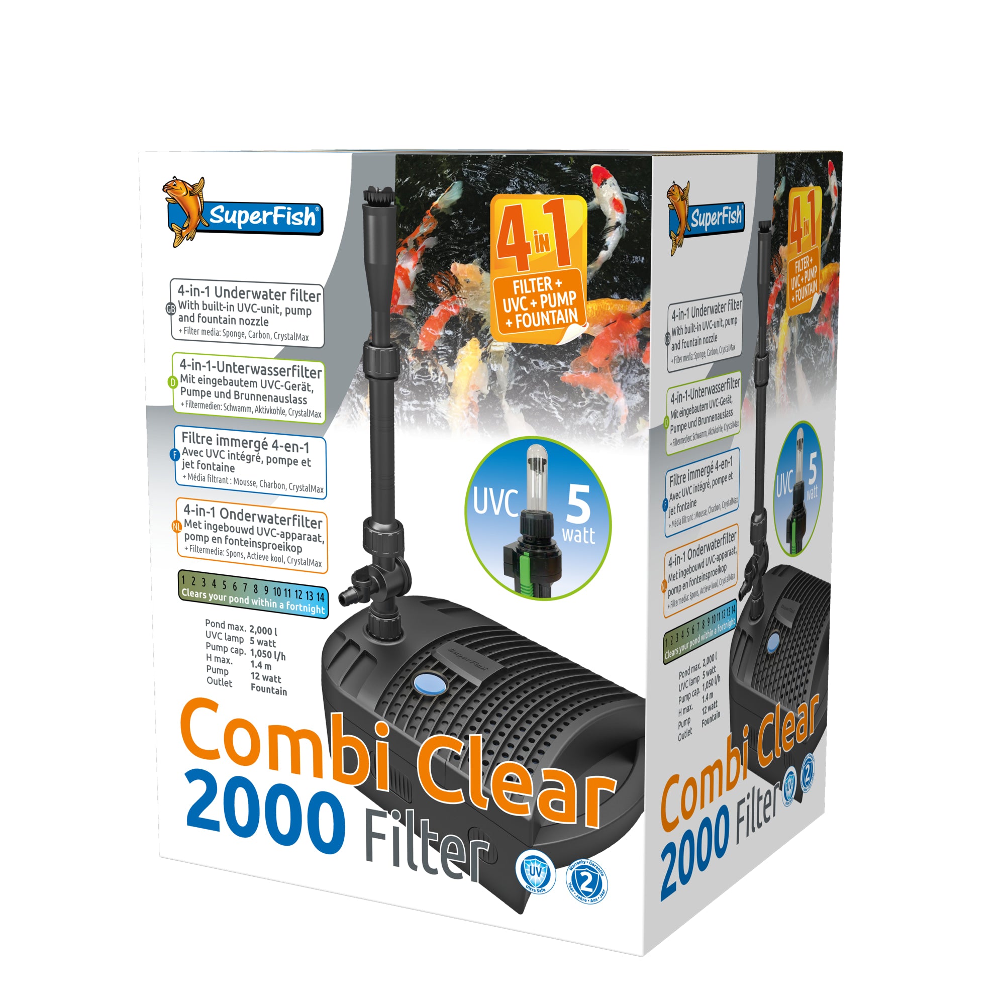 Superfish Combi Clear 2000 4-in-1 onderwaterfilter met UVC en fontein - 8715897300011 SF COMBI CLEAR 2000 UVC 5W POMP 1000L H 3D