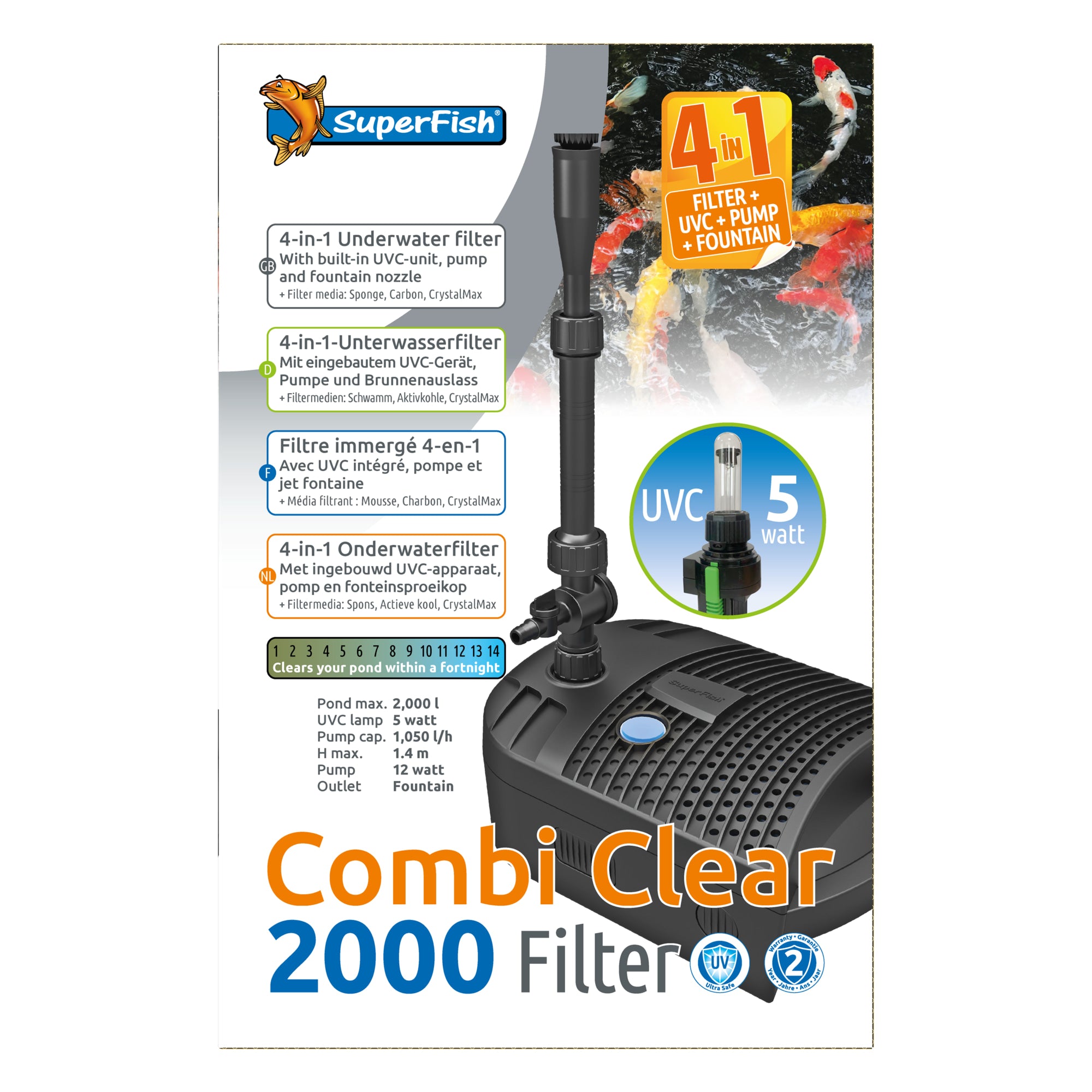 Superfish Combi Clear 2000 4-in-1 onderwaterfilter met UVC en fontein - 8715897300011 SF COMBI CLEAR 2000 UVC 5W POMP 1000L H FRONT2