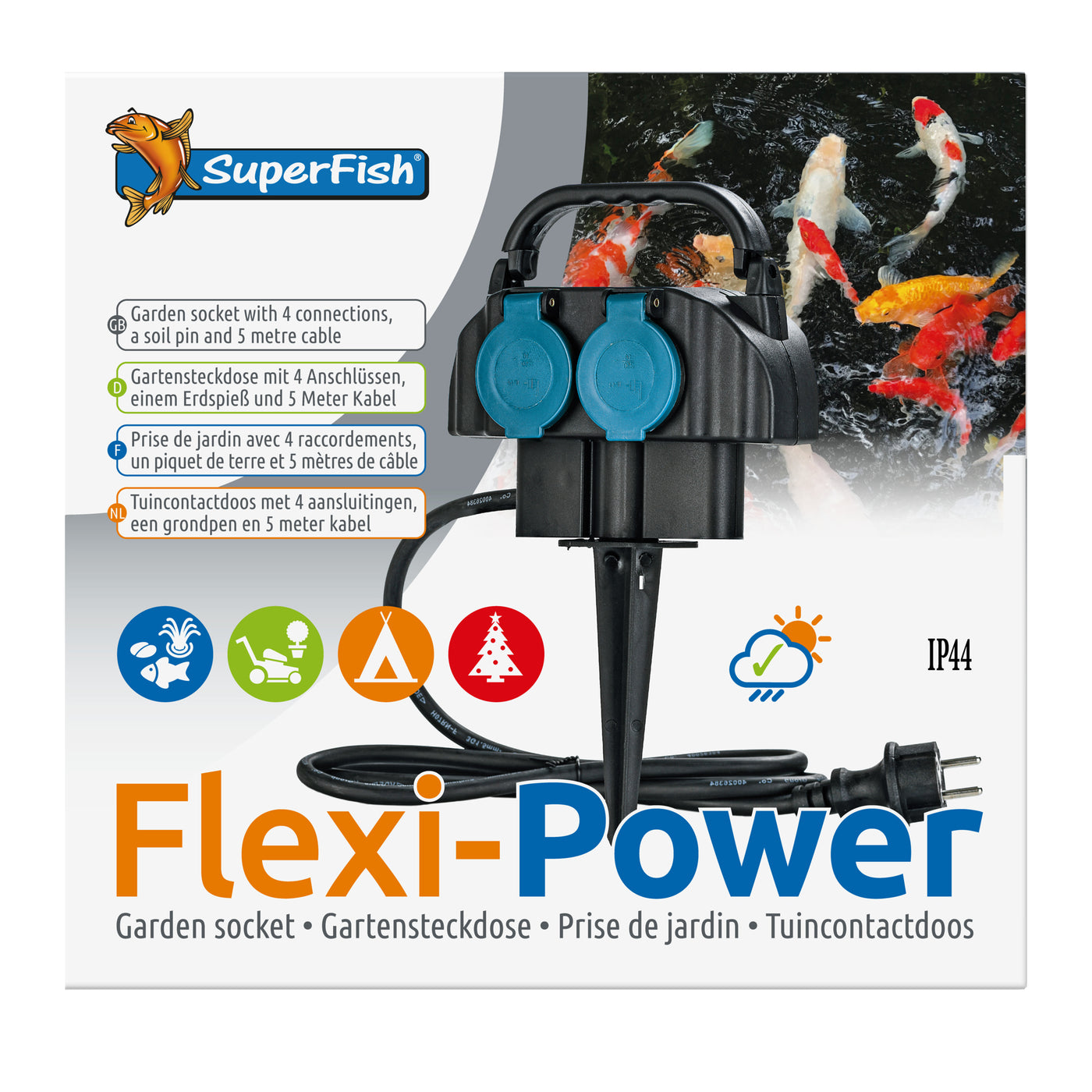 Superfish Flexi Power Stekkerdoos 5 meter - buitenstekkerdoos voor vijverapparatuur