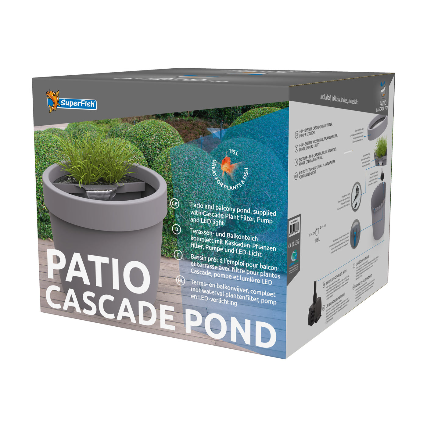 Superfish Patio Cascade Pond - compacte terras-vijver met waterval en ingebouwde pomp - 8715897338632 SUPERFISH PATIO CASCADE POND 3D