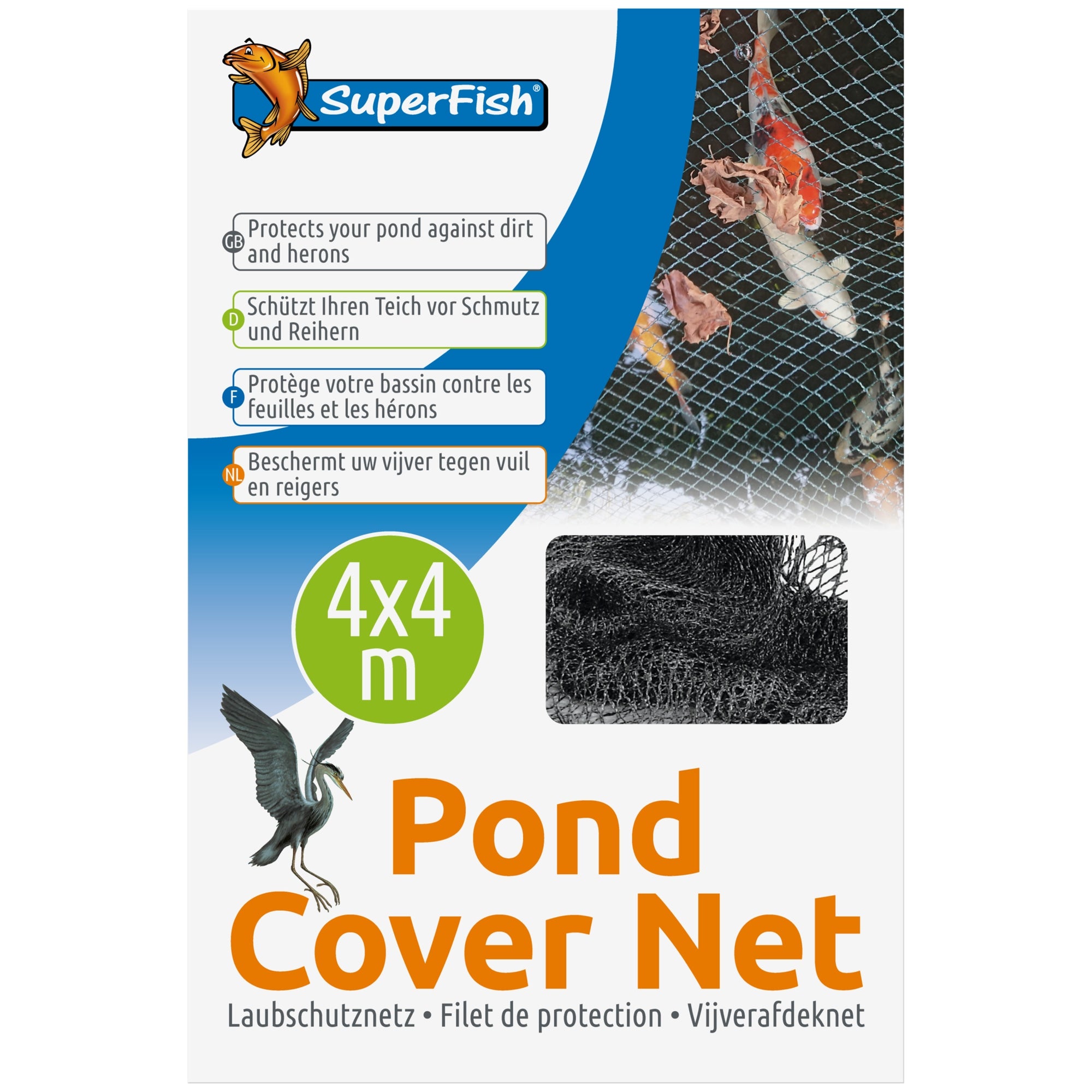Superfish Vijverafdeknet 4x4 meter - beschermt tegen bladval en reigers, inclusief 10 pinnen