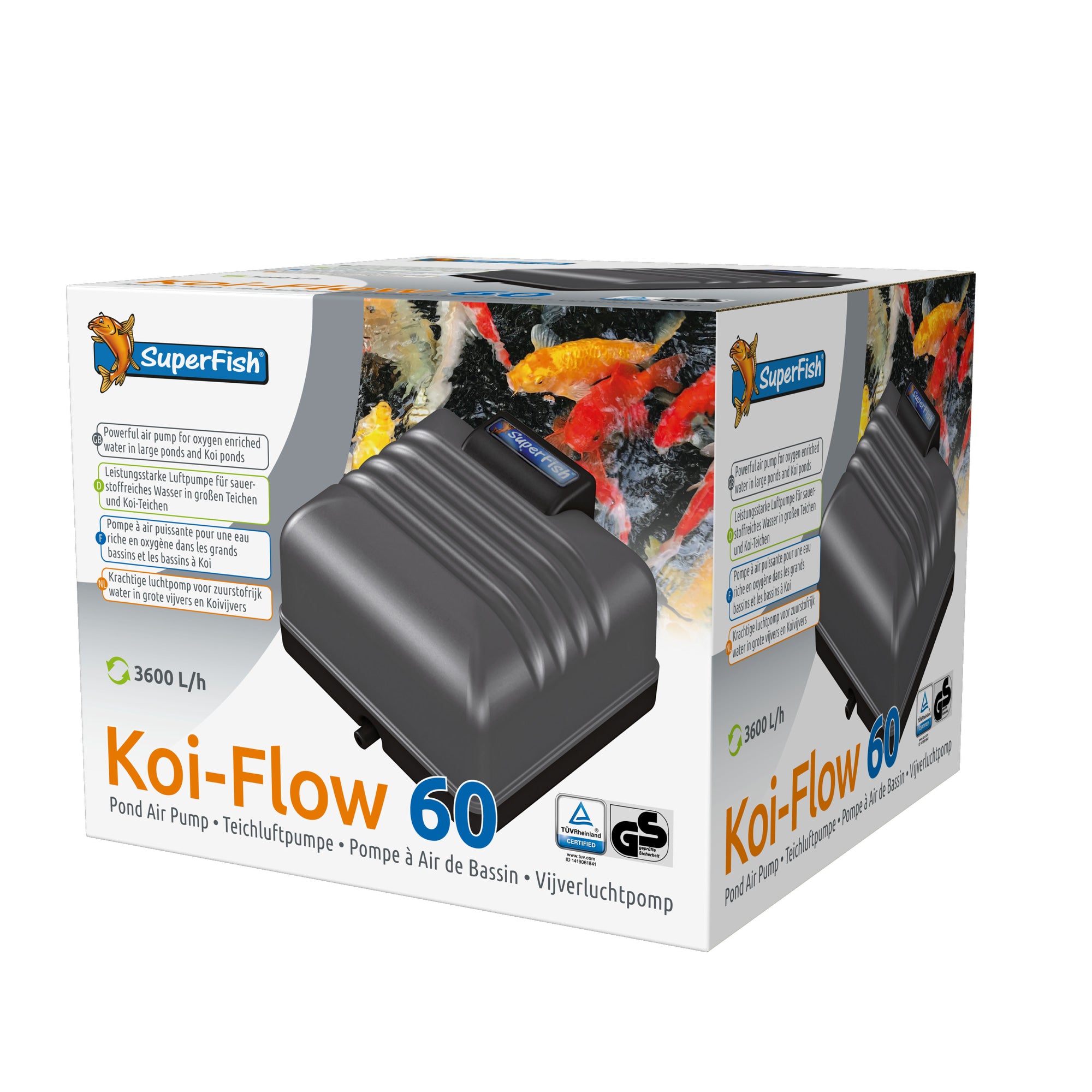 Superfish Koi Flow 60 Luchtpomp - Krachtige zuurstofpomp voor grote vijvers - 8715897275623 SF KOI FLOW 60 3D