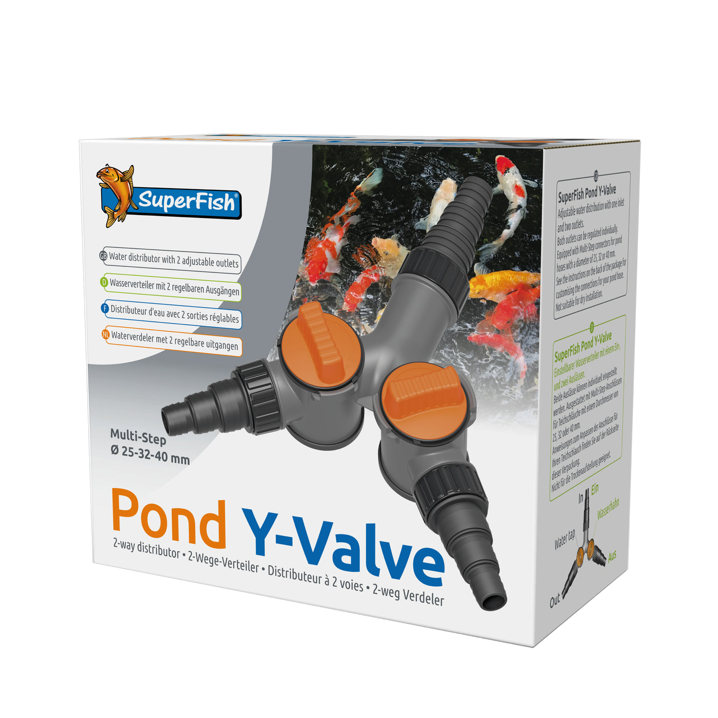 Superfish Vijver Y-Kraan 25-32-40 mm - verdeelstuk met kraan voor slangen - 8715897308451 SF POND Y VALVE 25 32 40 MM 3D