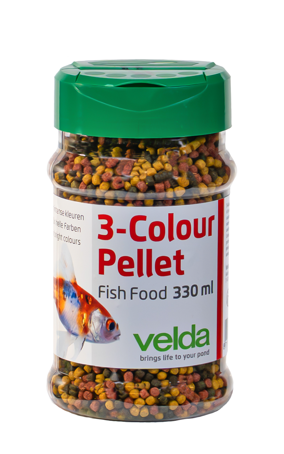 Velda Vivelda 3-Colour Pellet 330 ml met driekleurige korrels in transparante pot