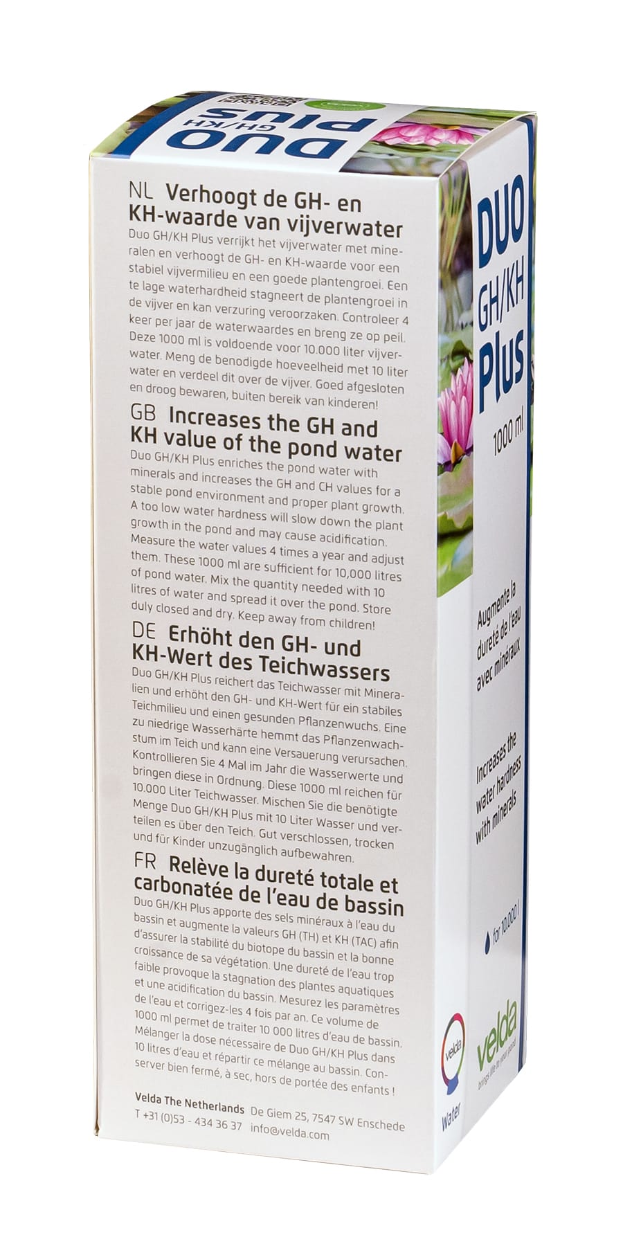 Achterzijde Velda Duo GH/KH Plus 1000 ml met gebruiks- en bewaaradvies