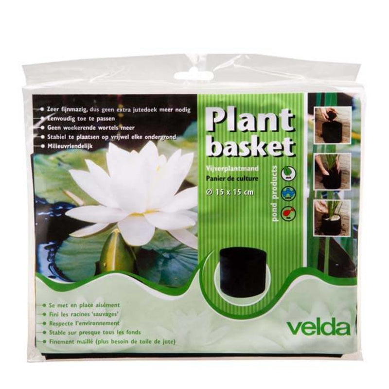 Velda Plant Basket rond Ø 15 x 15 cm met product en maat op de verpakking, afbeelding 2 Plantenmand