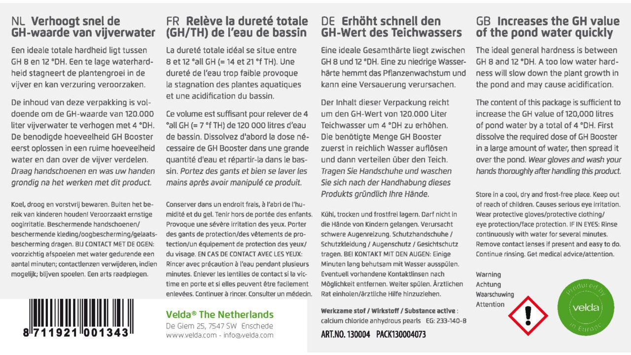 Achteretiket Velda GH Booster 15 liter met dosering en veiligheidsinformatie