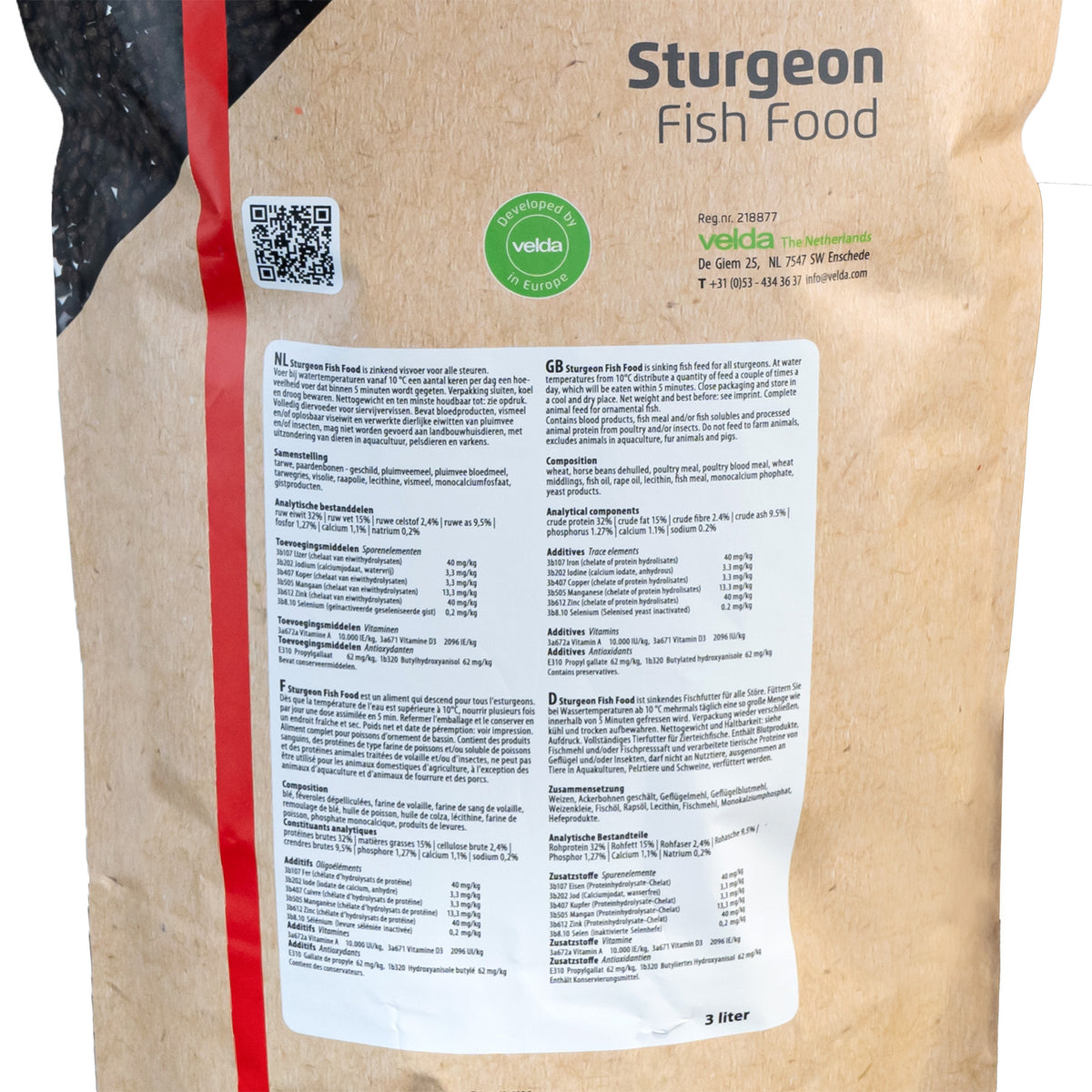 Achteretiket Velda Sturgeon Fish Food 3000 ml met samenstelling en voeradvies