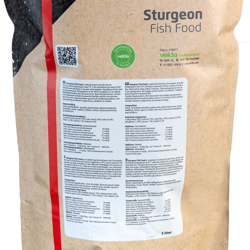 Achteretiket Velda Sturgeon Fish Food 3000 ml met samenstelling en voeradvies, afbeelding 2 Steurvoer