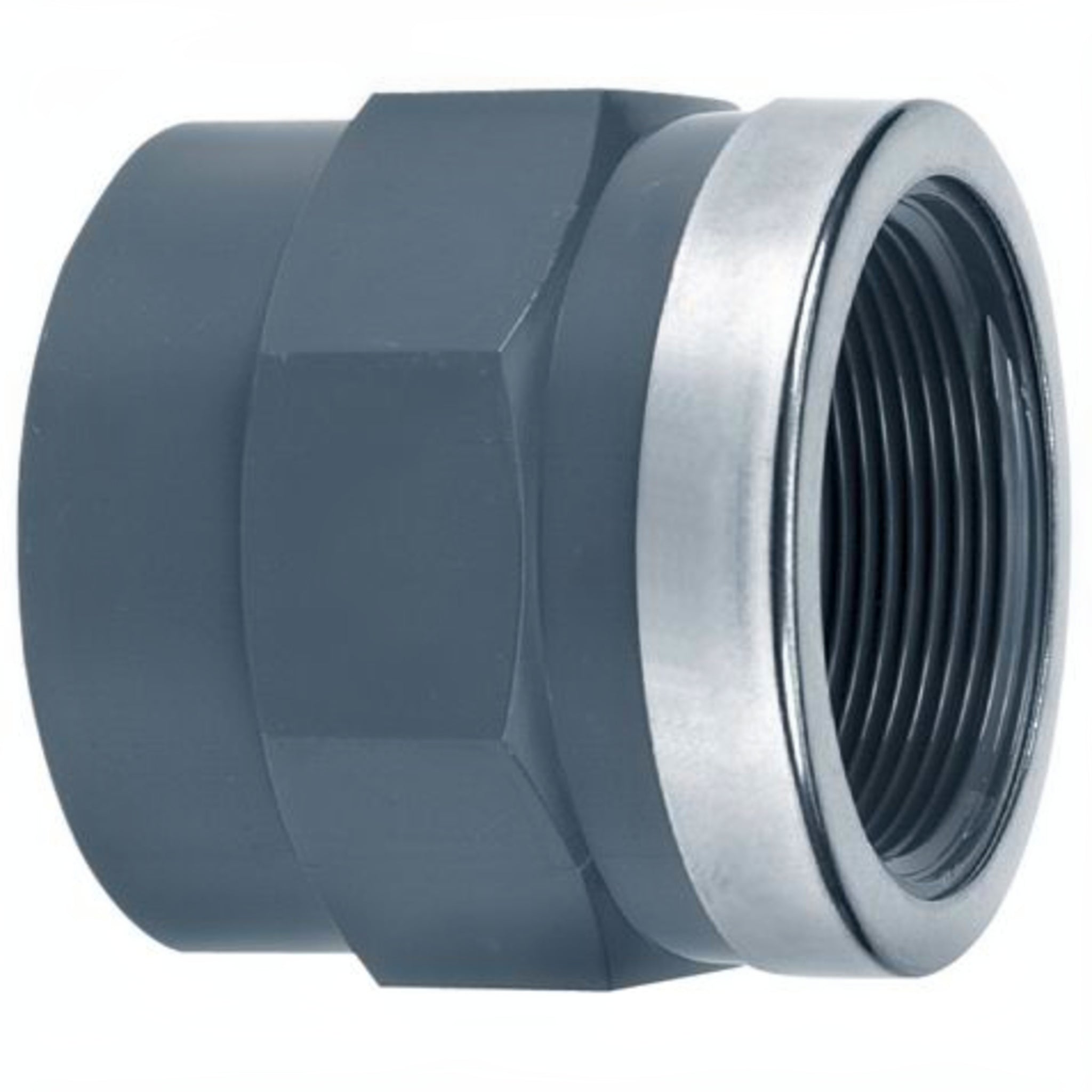 PVC schroefbus 20 mm x 1/2 inch binnendraad met RVS ring