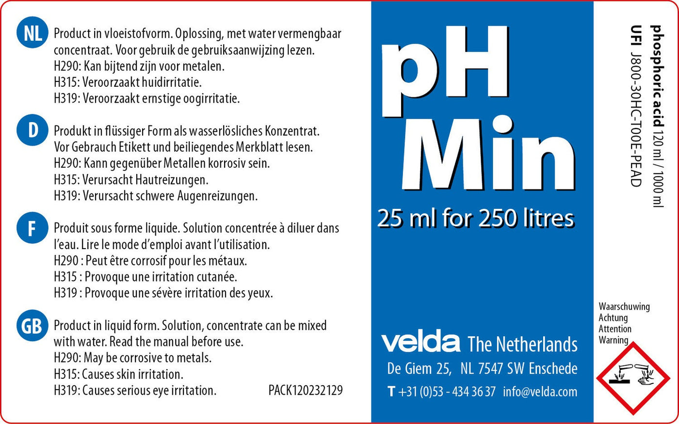 Velda pH Min etiket met dosering 25 ml per 250 liter en veiligheidswaarschuwingen