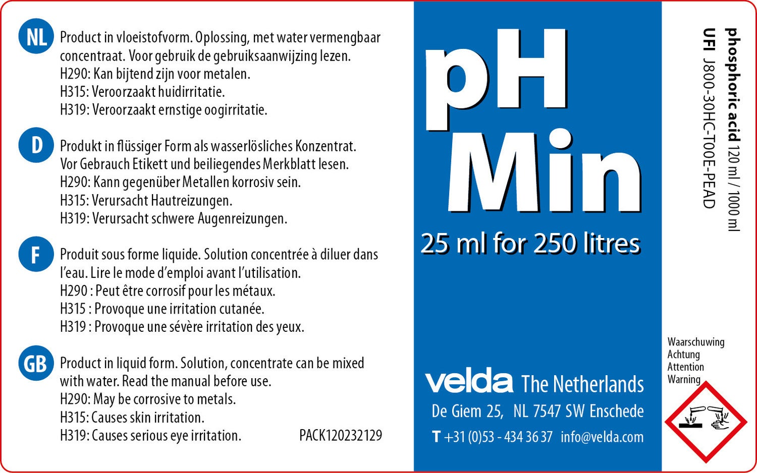 Velda pH Min etiket met dosering 25 ml per 250 liter en veiligheidswaarschuwingen