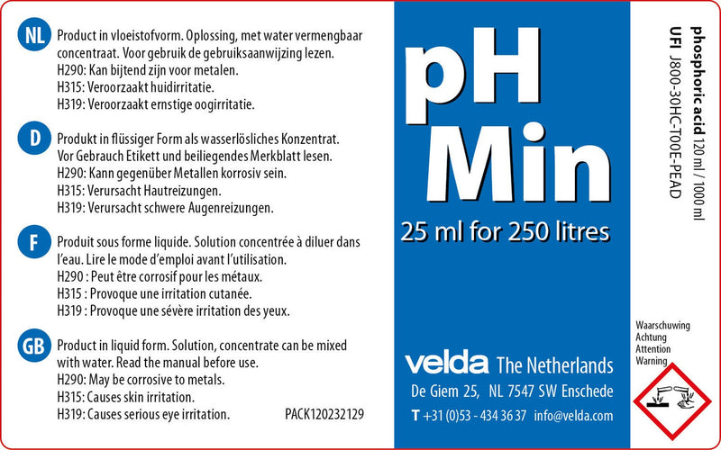 Velda pH Min etiket met dosering 25 ml per 250 liter en veiligheidswaarschuwingen, afbeelding 2 Waterkwaliteit