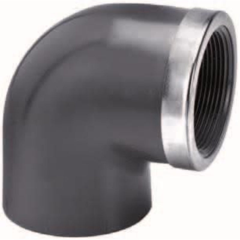 Effast Knie 90 graden PVC lijm x binnendraad met RVS ring 25 mm x 3/4" - Versterkte haakse overgangsverbinding, PVC Hulpstuk bij Vijvercentrum