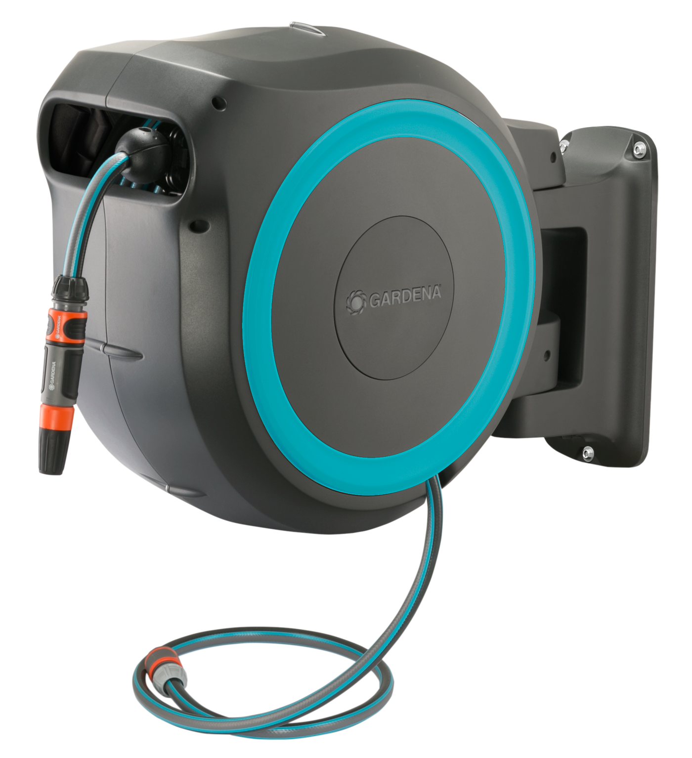 Front view of a Gardena wall-mounted hose reel with hose attachment.