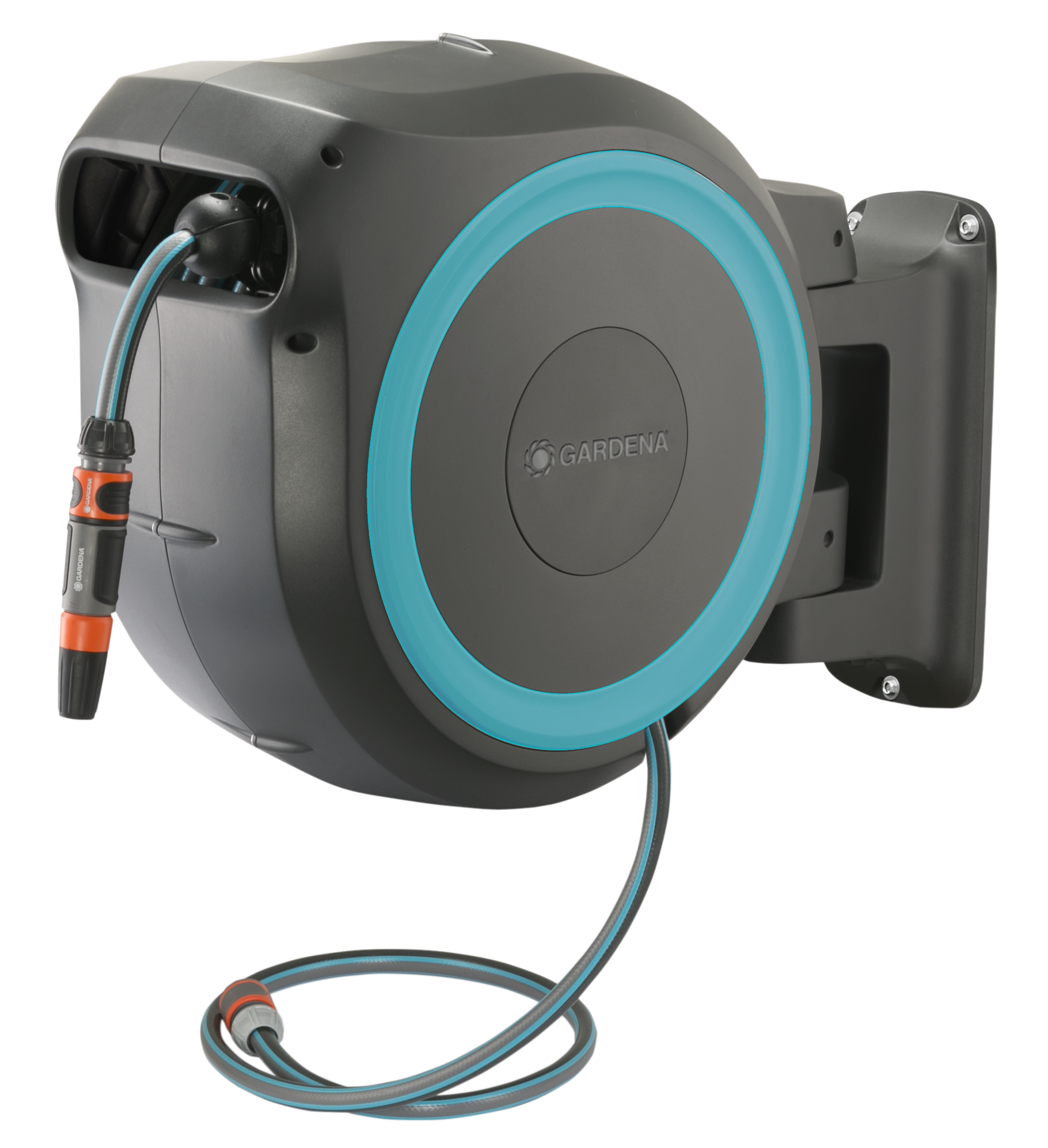 Front view of a Gardena wall-mounted hose reel with hose attachment.