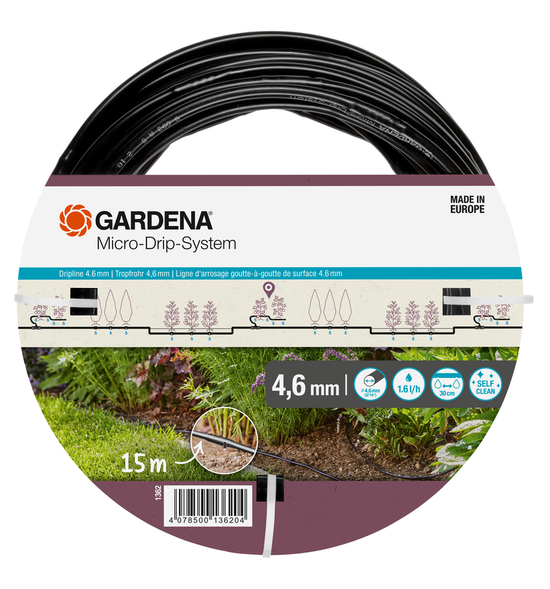 Gardena Micro-Drip-System packaging showing a 15m dripline with 4.6mm diameter., detailaanzicht PVC Hulpstuk