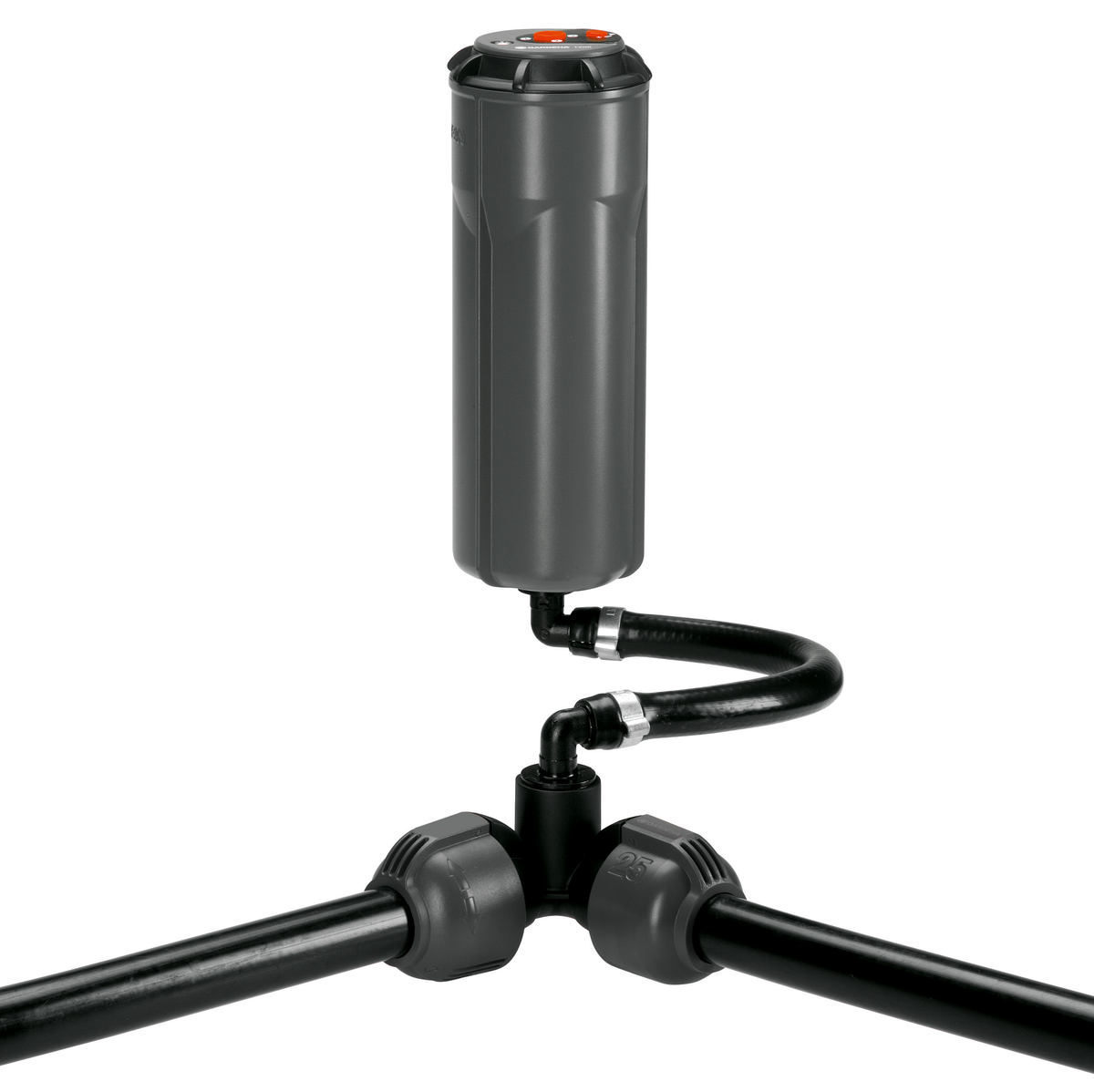 Front view of a Gardena irrigation system component with connectors.