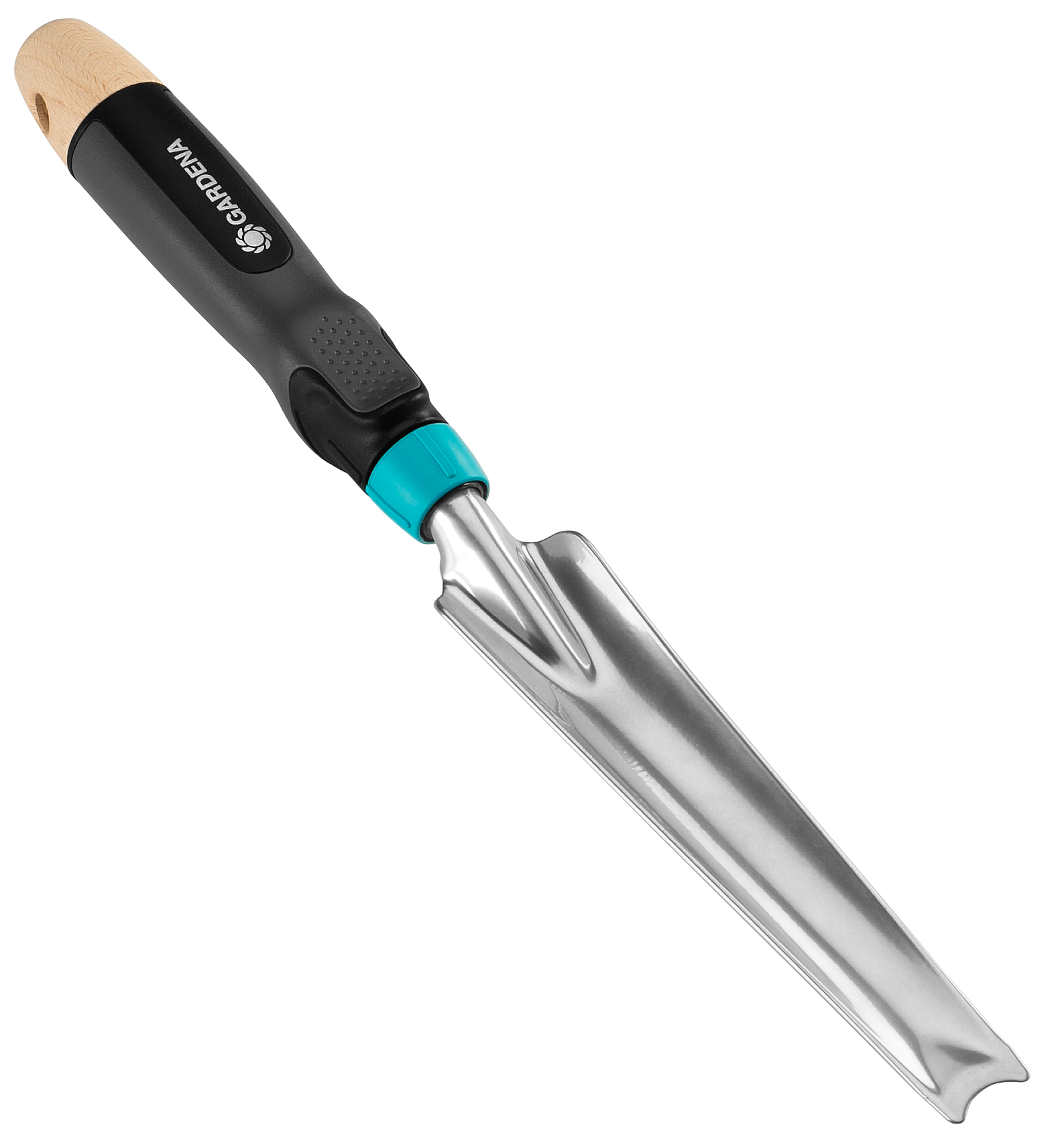 Front view of a Gardena hand weeder with ergonomic handle.