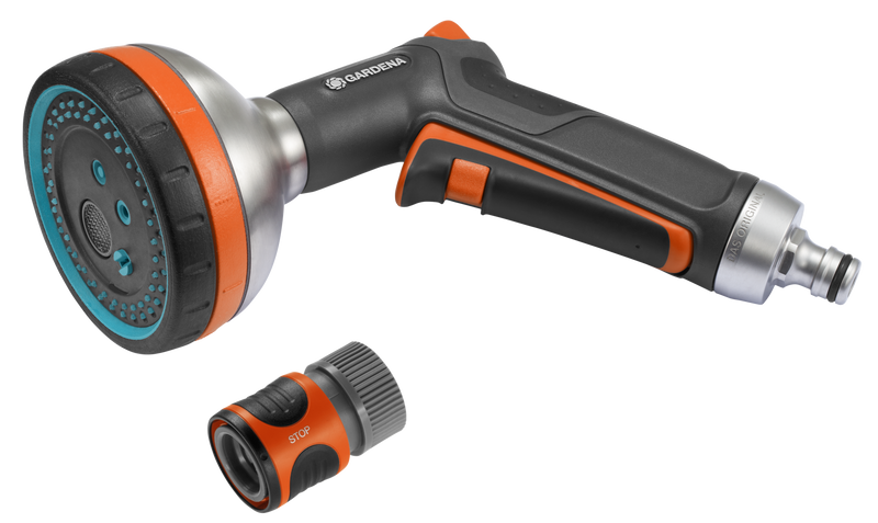 Front view of a Gardena garden spray nozzle and hose connector., detailaanzicht Filtermedium