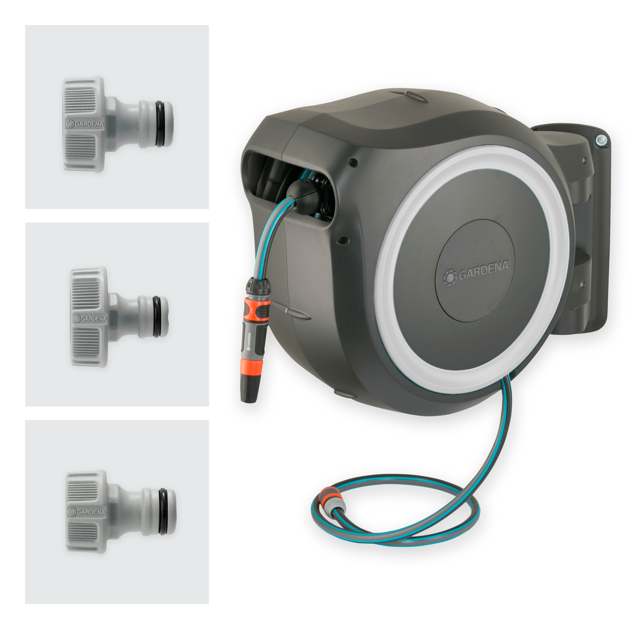 Gardena wall-mounted hose reel with hose and connectors.